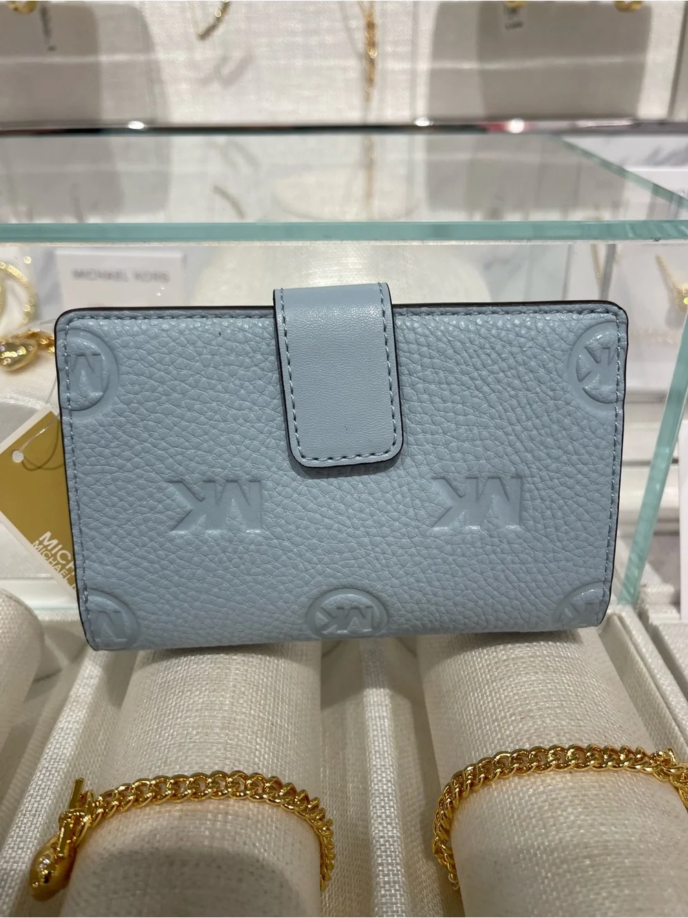 Michael Kors Jet Set Travel Med MK Logo Debossed Bifold Wallet Pale Ocean  NWT